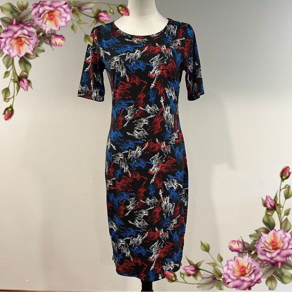 LuLaRoe Midi Julia Dress Short Sleeve Crew Neck size s statue of liberty print - Picture 1 of 12
